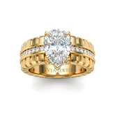 Yellow Gold Pear Diamond Engagement Ring With Ribbed Multirow Band