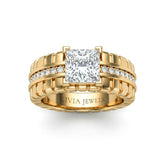 Yellow Gold Princess Diamond Engagement Ring With Ribbed Multirow Band