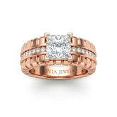 Rose Gold Princess Diamond Engagement Ring With Ribbed Multirow Band