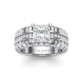 Silver Princess Diamond Engagement Ring With Ribbed Multirow Band