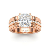 Rose Gold Radiant Diamond Engagement Ring With Ribbed Multirow Band