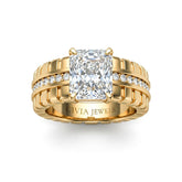 Yellow Gold Radiant Diamond Engagement Ring With Ribbed Multirow Band