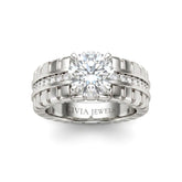 White Gold Round Diamond Engagement Ring With Ribbed Multirow Band