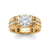 Yellow Gold Round Diamond Engagement Ring With Ribbed Multirow Band