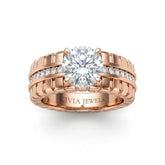 Rose Gold Round Diamond Engagement Ring With Ribbed Multirow Band