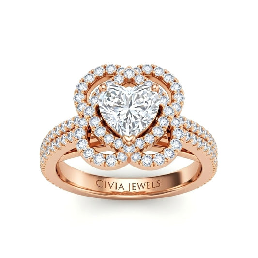Rose Gold Heart Diamond Halo Engagement Ring With Pavé Band