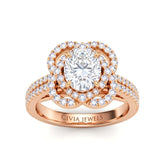 Rose Gold Oval Diamond Halo Engagement Ring With Pavé Band
