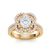 Yellow Gold Oval Diamond Halo Engagement Ring With Pavé Band