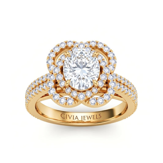 Yellow Gold Oval Diamond Halo Engagement Ring With Pavé Band