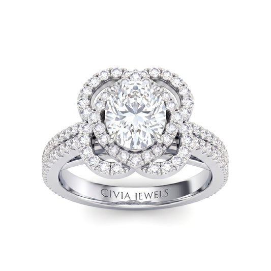 Silver Oval Diamond Halo Engagement Ring With Pavé Band