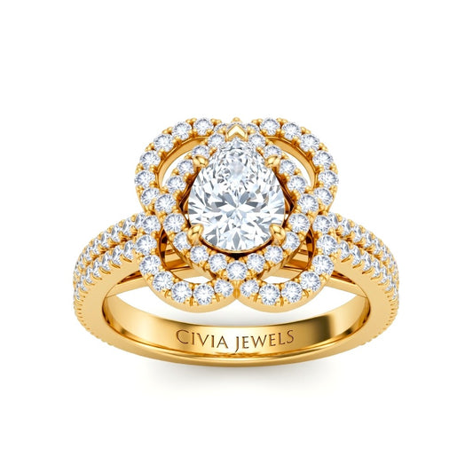 Yellow Gold Pear Diamond Halo Engagement Ring With Pavé Band