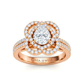 Rose Gold Pear Diamond Halo Engagement Ring With Pavé Band