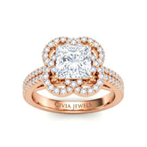 Rose Gold Princess Diamond Halo Engagement Ring With Pavé Band