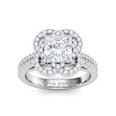 Silver Princess Diamond Halo Engagement Ring With Pavé Band