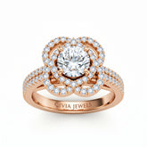 Rose Gold Round Diamond Halo Engagement Ring With Pavé Band