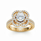Yellow Gold Round Diamond Halo Engagement Ring With Pavé Band