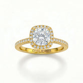 Yellow Gold Cushion Diamond Halo Engagement Ring With Pavé Band Design