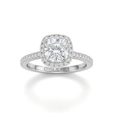White Gold Cushion Diamond Halo Engagement Ring With Pavé Band Design