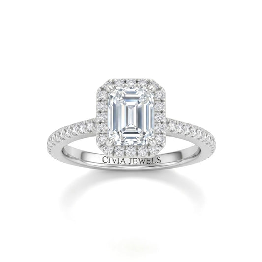 White Gold Emerald Diamond Halo Engagement Ring With Pavé Band Design