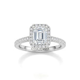 Silver Emerald Diamond Halo Engagement Ring With Pavé Band Design