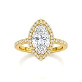 Yellow Gold Marquise Diamond Halo Engagement Ring With Pavé Band Design