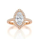 Rose Gold Marquise Diamond Halo Engagement Ring With Pavé Band Design