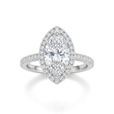 Silver Marquise Diamond Halo Engagement Ring With Pavé Band Design