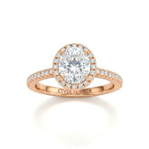 Rose Gold Oval Diamond Halo Engagement Ring With Pavé Band Design