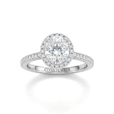 Silver Oval Diamond Halo Engagement Ring With Pavé Band Design