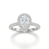 Silver Pear Diamond Halo Engagement Ring With Pavé Band Design