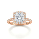 Rose Gold Princess Diamond Halo Engagement Ring With Pavé Band Design