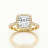 Yellow Gold Princess Diamond Halo Engagement Ring With Pavé Band Design
