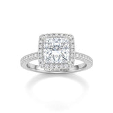 White Gold Princess Diamond Halo Engagement Ring With Pavé Band Design