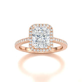 Rose Gold Radiant Diamond Halo Engagement Ring With Pavé Band Design