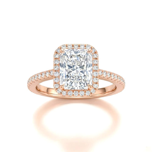 Rose Gold Radiant Diamond Halo Engagement Ring With Pavé Band Design