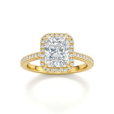 Yellow Gold Radiant Diamond Halo Engagement Ring With Pavé Band Design