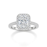 White Gold Radiant Diamond Halo Engagement Ring With Pavé Band Design