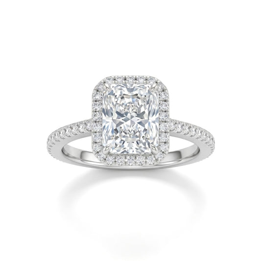White Gold Radiant Diamond Halo Engagement Ring With Pavé Band Design