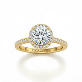 Yellow Gold Round Diamond Halo Engagement Ring With Pavé Band Design