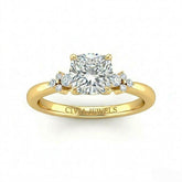 Yellow Gold Cushion Diamond Engagement Ring With Floral Cluster Side Design