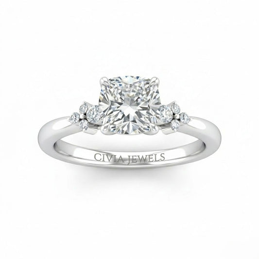 White Gold Cushion Diamond Engagement Ring With Floral Cluster Side Design