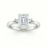 Silver Emerald Diamond Engagement Ring With Floral Cluster Side Design