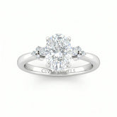 Silver Oval Diamond Engagement Ring With Floral Cluster Side Design