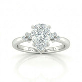 Silver Pear Diamond Engagement Ring With Floral Cluster Side Design