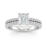 White Gold Emerald Diamond Engagement Ring With Split Pavé Band Design
