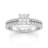 Silver Princess Diamond Engagement Ring With Split Pavé Band Design
