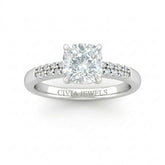 Silver Cushion Diamond Engagement Ring With Double Pavé Accent Band