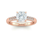 Rose Gold Cushion Diamond Engagement Ring With Double Pavé Accent Band
