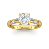 Yellow Gold Cushion Diamond Engagement Ring With Double Pavé Accent Band