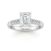 Silver Emerald Diamond Engagement Ring With Double Pavé Accent Band